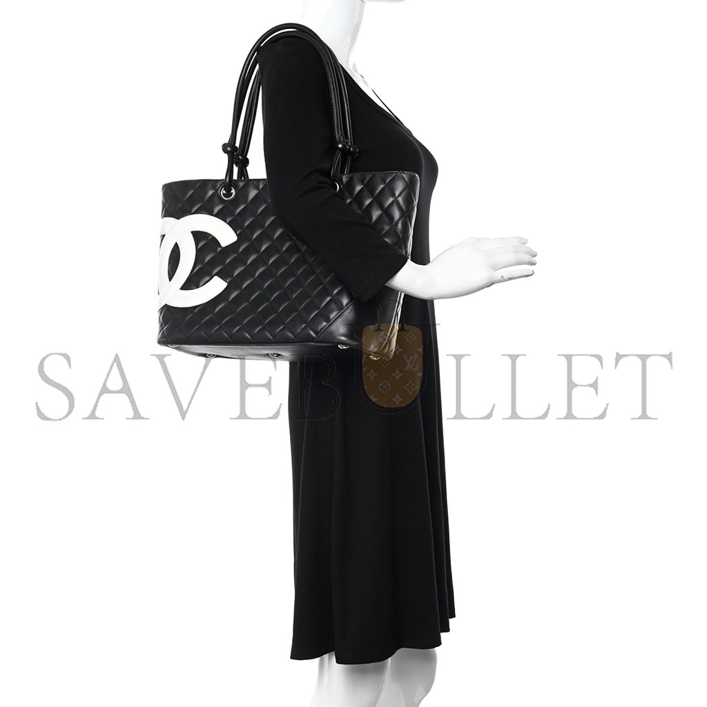 Ch*el calfskin quilted large cambon tote black white (30*25*15cm)